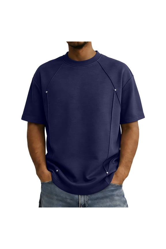 Men's Oversized Short Sleeve T Shirts Unisex Crew Neck Drop Shoulder Casual Basic Tees Loose Fit Tops with Rivet Navy