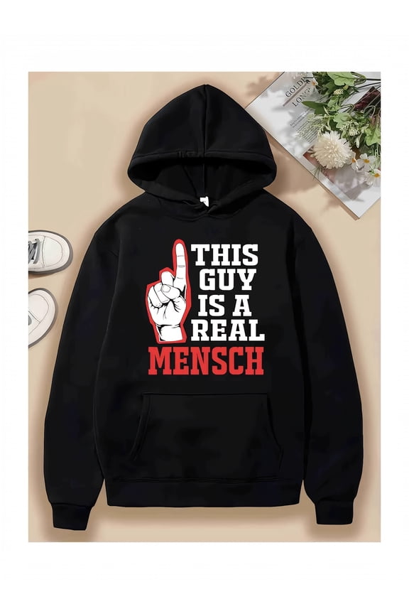 Men's Oversized "This Guy Is A Mensch" Graphic Hoodie - Thick Fleece Pullover with Kangaroo Pocket, Stretchy Polyester Blend, All-Season Comfort, Casual Sweatshirt for Men (Black, Thumbs-Up & Red Acc