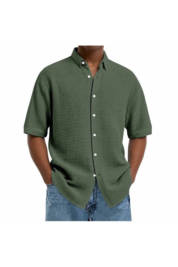 Men's Oversized Waffle Knit Short Sleeve Button Down Shirt Lapel Collar Loose Fit Untucked Casual Travel Work Blouse Plus Size Tops