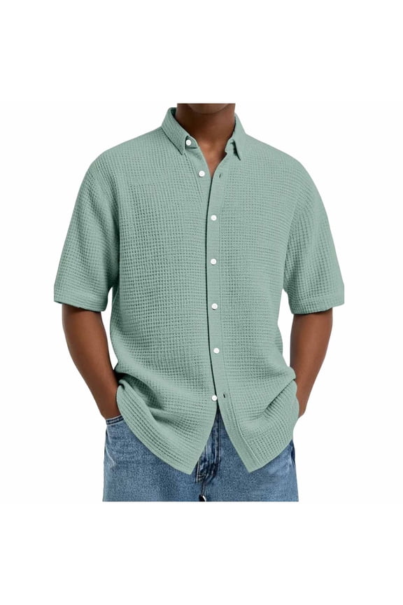 Men's Oversized Waffle Knit Short Sleeve Button Down Shirt Lapel Collar Loose Fit Untucked Casual Travel Work Blouse Plus Size Tops