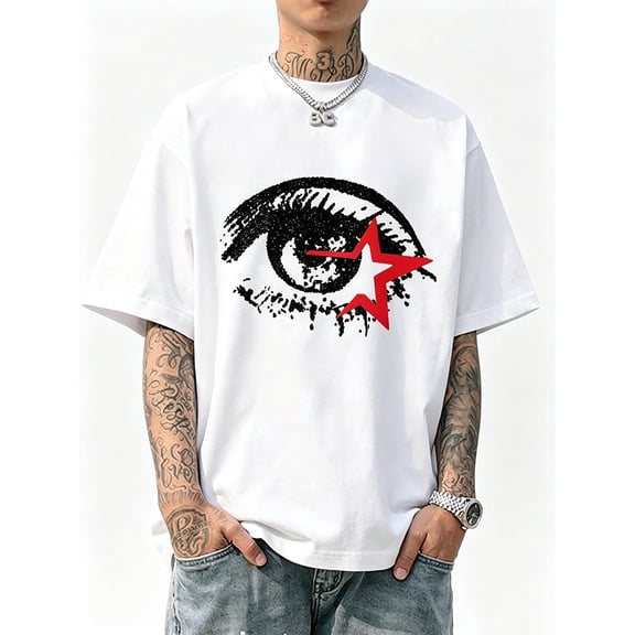 Men's Oversized White T-Shirt with Black Eye and Red Star Graphic, Loose Fit Streetwear Tee Top