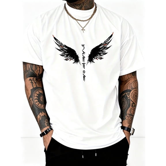 Men's Oversized White T-Shirt with Black Wings Vertical Text Graphic Tee