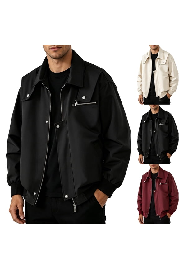 Men's Oxford Cloth Bomber Jacket Casual Windbreaker Ribbed Cuff Streetwear 2026 Fashion for Fall Winter Outdoor Travel Cruise Wear with Zip Pockets, Black, XXL