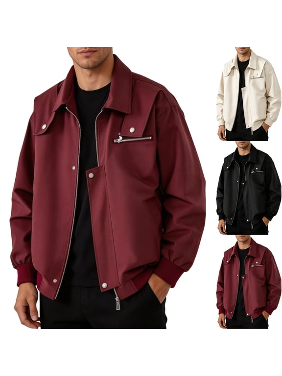 Men's Oxford Cloth Bomber Jacket Casual Windbreaker Ribbed Cuff Streetwear 2026 Fashion for Fall Winter Outdoor Travel Cruise Wear with Zip Pockets, Red, XXL
