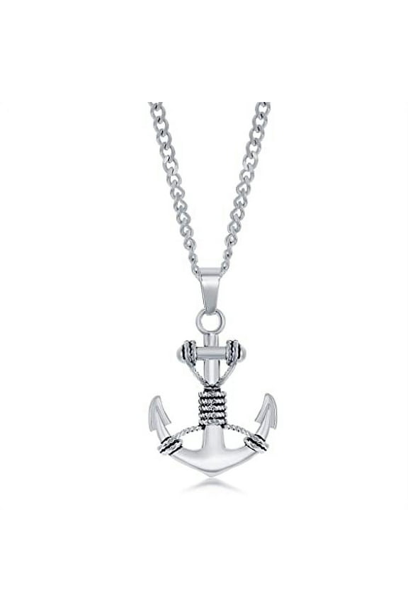 Men’s Oxidized Solid 3D Anchor Pendant Necklace | Stainless Steel 24” Curb Link Chain Nautical Necklace | Sailor Jewelry for Men
