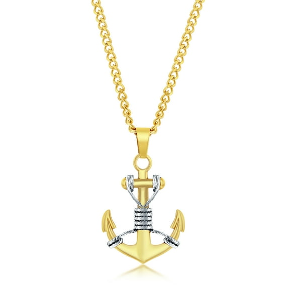 Men’s Oxidized Solid 3D Gold & Silver Anchor Pendant Necklace | Stainless Steel 24” Curb Link Chain Nautical Necklace | Sailor Jewelry for Men