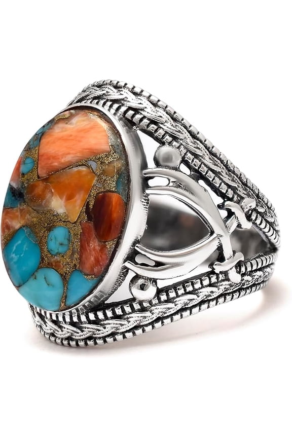 Men’s Oyster Copper Turquoise Ring in 925 Sterling Silver, Handmade Oval 13×18 mm Natural Gemstone Statement Ring for Men Size 9