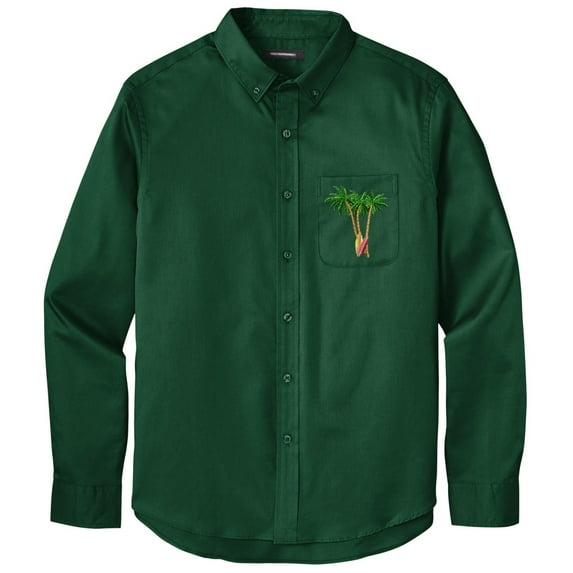 Men's PALM TREES with SURFBOARDS PATCH Twill Shirt with Pocket, 2XL Dark Green