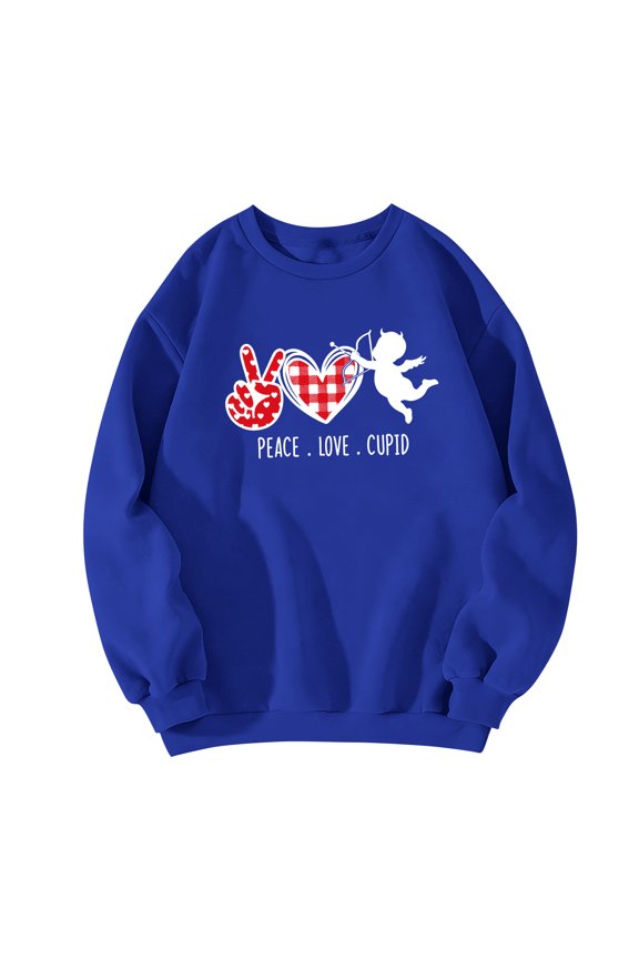 Men's "PEACE LOVE CUPID" Print Round Neck Long Sleeve Top - Unisex Couple Matching Casual Sports Shirt, Comfort Fit, Soft Fabric for Daily Wear,Dark Blue,M