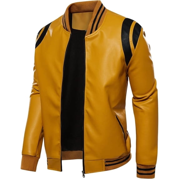 Men's PU Faux Leather Full-Zip Bomber Jacket Stand Collar Fleece Windproof Lightweight Motorcycle Racing Coat Outwear