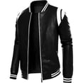 thumbnail image 1 of Men's PU Faux Leather Full-Zip Bomber Jacket Stand Collar Fleece Windproof Lightweight Motorcycle Racing Coat Outwear, 1 of 6