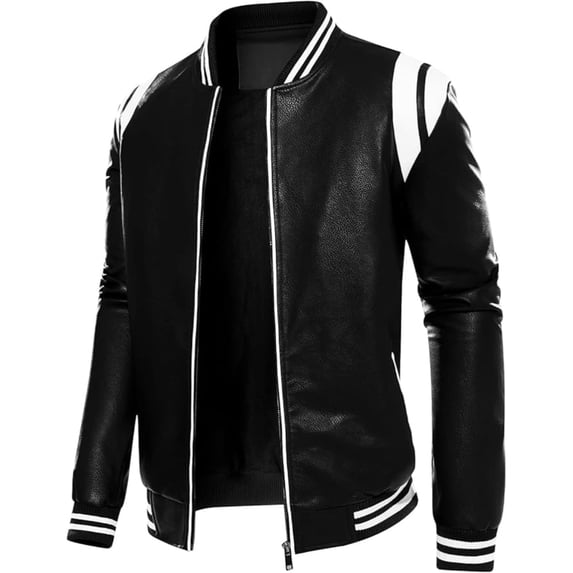 Men's PU Faux Leather Full-Zip Bomber Jacket Stand Collar Fleece Windproof Lightweight Motorcycle Racing Coat Outwear