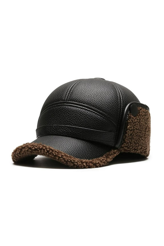 Winter Men Warm Hat Plush Cap Ear Protection Hat Old Men Leather PU J7V7