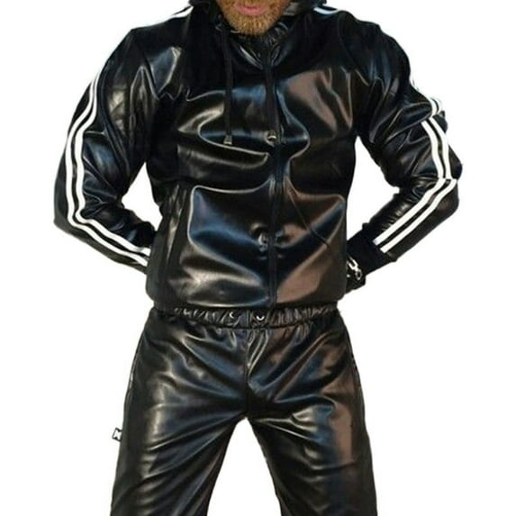 Men's PU Leather Hoodie Suit Casual Sportswear Hooded Jogging Suit Sportswear Men Outfit Set Juicy Tracksuit