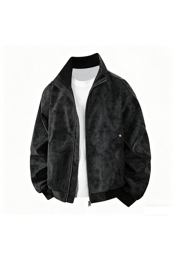 Men's PU Leather Jacket, Bomber Style with Stand Up Collar, Long Sleeve Design, Multiple Zipper Pockets, Lightweight and Casual for Outdoor Daily Wear