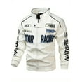 thumbnail image 1 of Men's PU Leather Jacket with Motorcycle Racing Pattern and REAL MOTOR RACING Lettering - Breathable stand collar, zipped cuffs, side pockets - Spring-fall casual sport, machine washable garment, 1 of 5