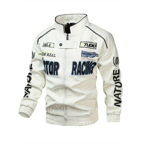 Men's PU Leather Jacket with Motorcycle Racing Pattern and REAL MOTOR RACING Lettering - Breathable stand collar, zipped cuffs, side pockets - Spring-fall casual sport, machine washable garment