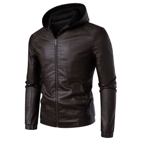 Men's PU Leather Jacket Youth Hooded Motorcycle Suit Casual Jacket Coat