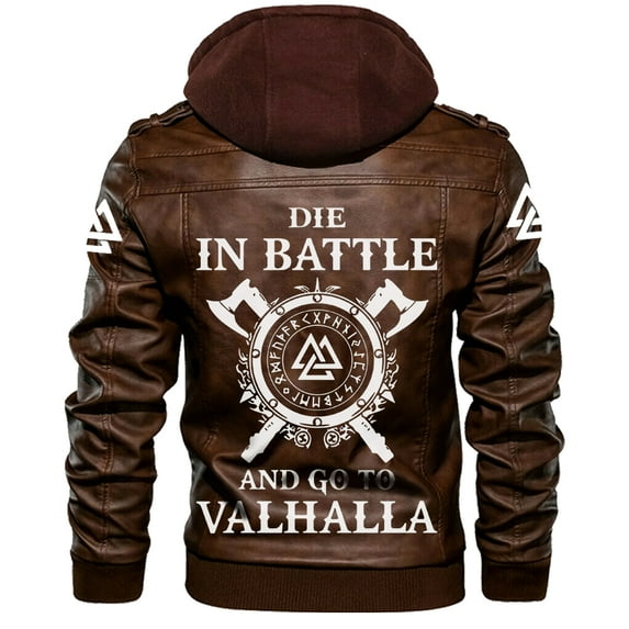 Men's PU Leather Jacket with Removable Hood and Odin Pattern Printed Motorcycle Jacket