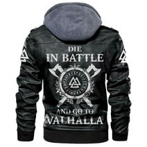 Men's PU Leather Jacket with Removable Hood and Odin Pattern Printed Motorcycle Jacket