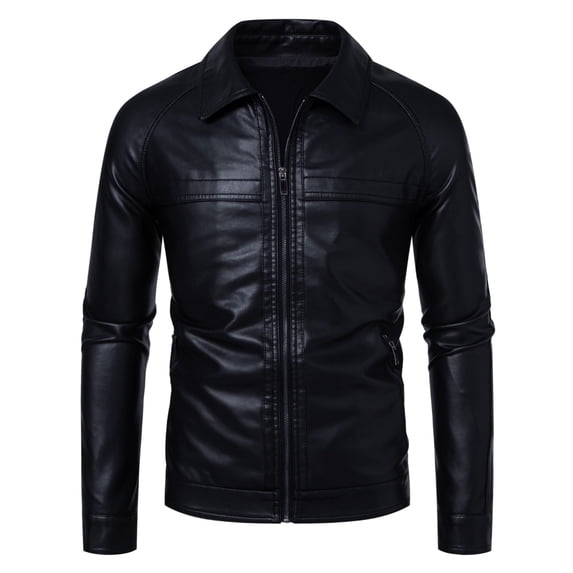 Men's PU Leather Jacket with Shoulder Padding, Collared Motorcycle Coat, Stylish and Durable Outerwear for Everyday Use