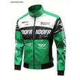 thumbnail image 1 of Men's PU Leather Racing Style Zip-up Jacket - Green and Black Color-block, Stand Collar and "HOOD FRENDS" Pattern Print, Casual Streetwear, Casual Clothing, Daily Jacket | Modern Casual Jacket, 1 of 5