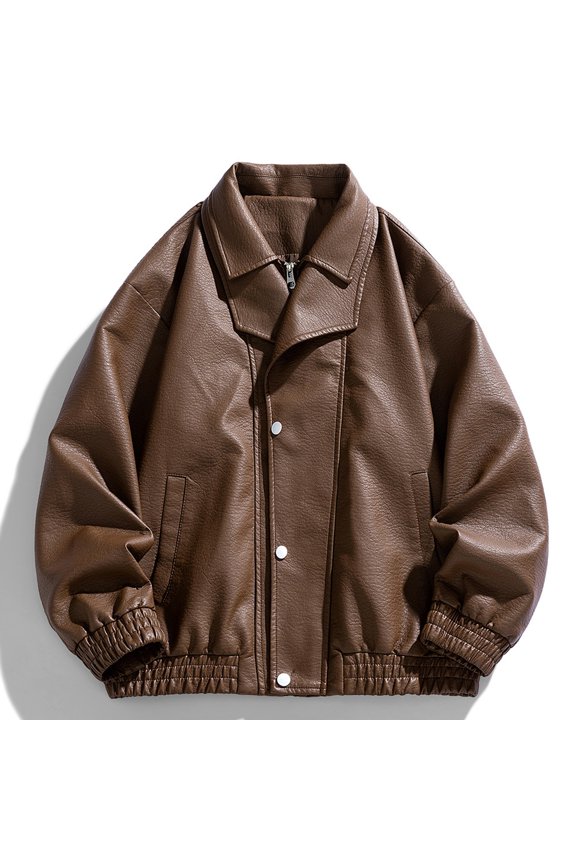 Men's PU Leather Stand Collar Cardigan Jacket, Casual Fashion Long Sleeve Outerwear - Brown M