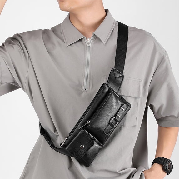 Men’s PU Leather Waist Bag, Multi-Pocket Business Crossbody Chest Bag with Adjustable Strap, Large Capacity Travel Belt Bag for Phone and Accessories