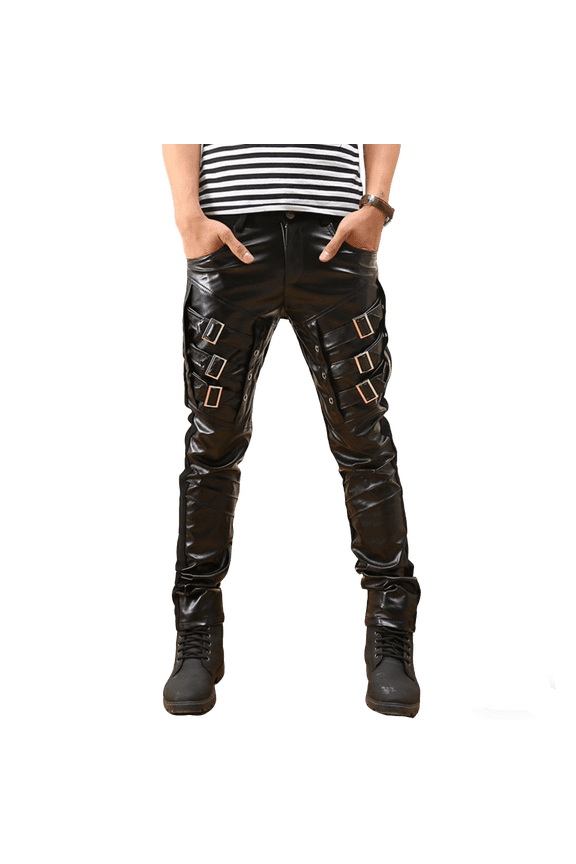 Men's PU Slim Fit Pants Punk Rock Trendy Decorative Buckle Detail Nightclub Party Casual Faux Leather Trousers