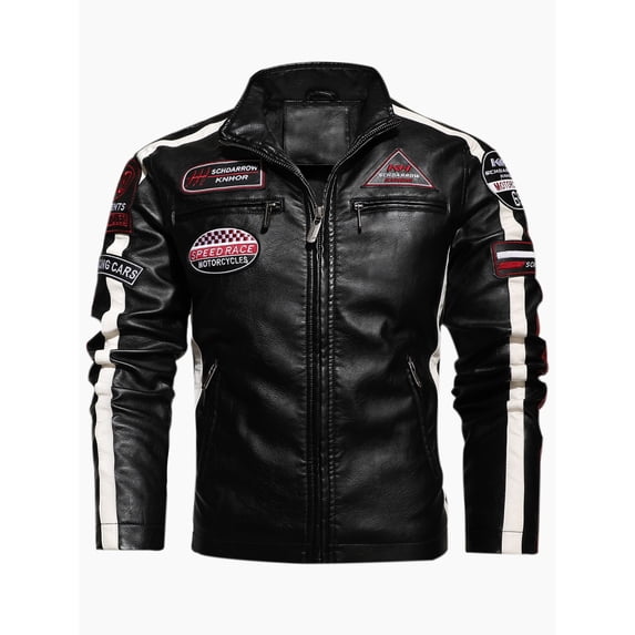 Men's PU leather jacket plus velvet label contrast color coat motorcycle racing suit