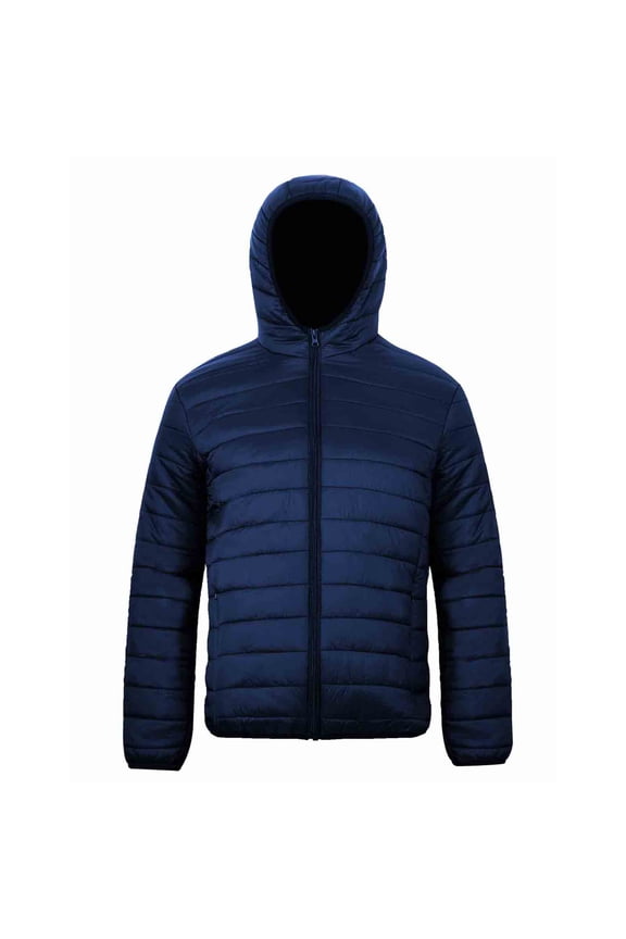Men's Packable Down Alternative Jacket Hooded Lightweight Puffer Jacket for Travel Outdoor Hiking Navy Blue Size L