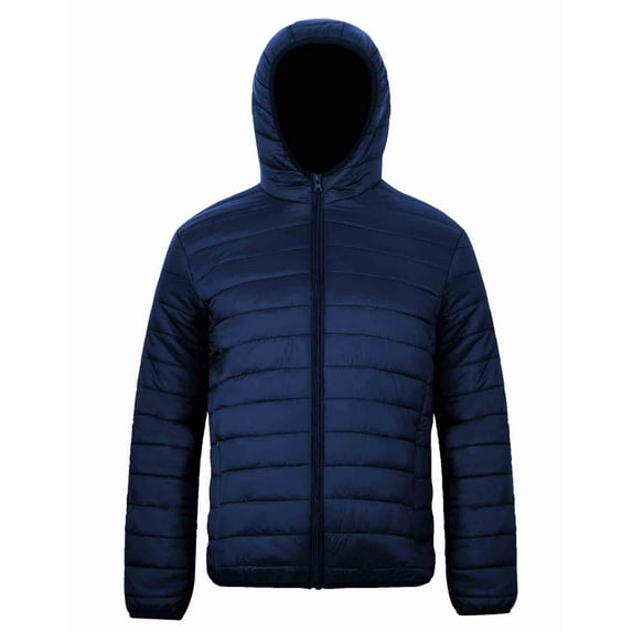 Men's Packable Down Alternative Jacket Hooded Lightweight Puffer Jacket for Travel Outdoor Hiking Navy Blue Size L