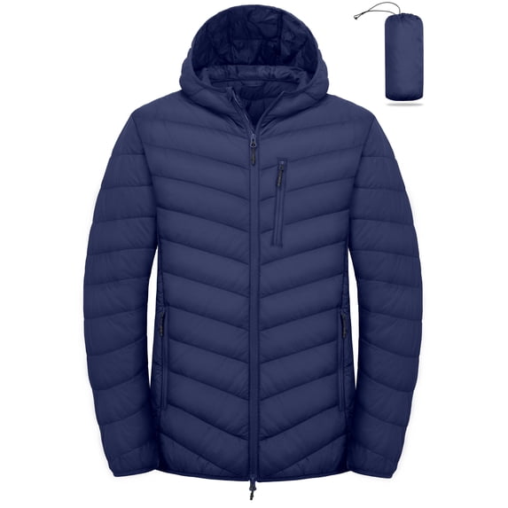Men's Packable Hooded Puffer Jacket, Water Resistant Windproof with 5 Zip Pockets for Hiking Travel Blue L
