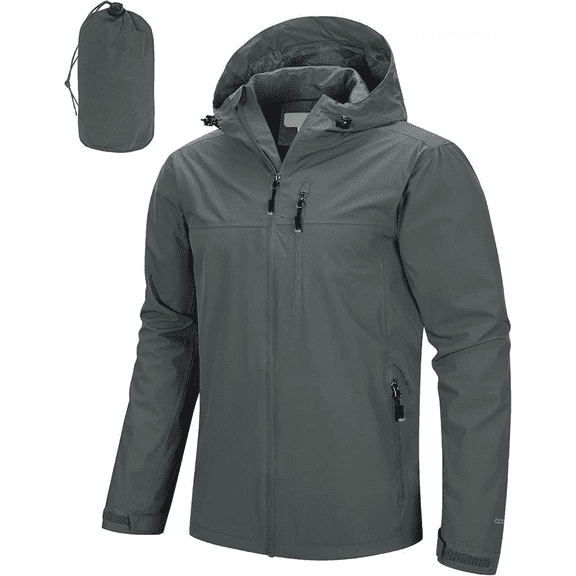 Men's Packable Rain Jacket Lightweight Waterproof Rain Shell with Hood for Cycling Size Large Color Grey