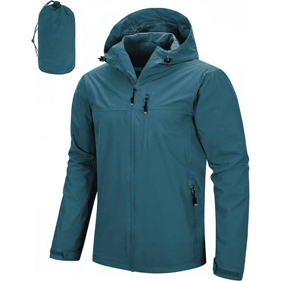 Men's Packable Rain Jacket Lightweight Waterproof Rain Shell with Hood for Cycling Size Small Color Ceramic Blue