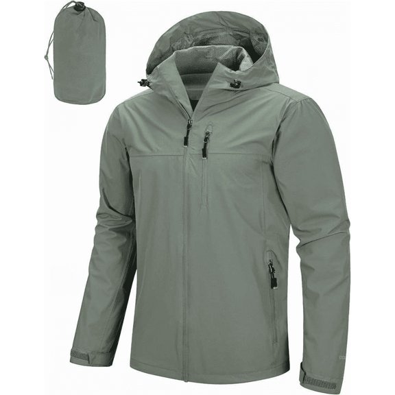 Men's Packable Rain Jacket Lightweight Waterproof Rain Shell with Hood for Cycling Size Small Light Greyish Green