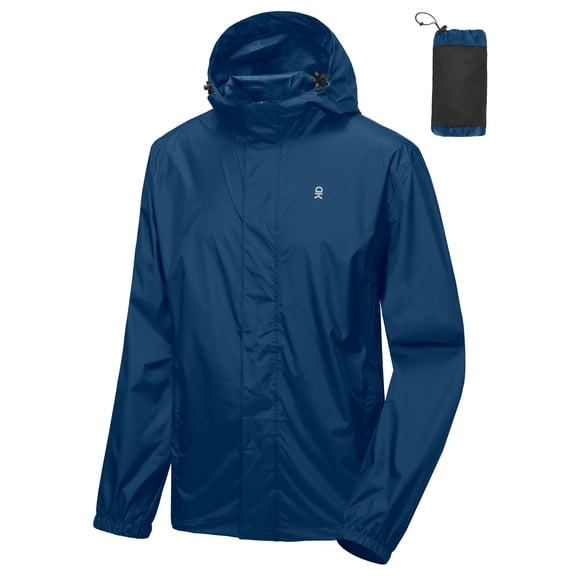 Men's Packable Rain Jacket Windbreaker Waterproof Lightweight Rain Coat with Hood for Golf Cycling Hiking Blue 2XL