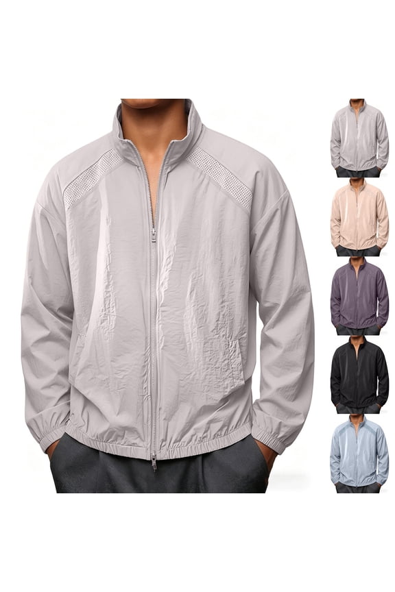 Men's Packable Sun Protection Fall Windbreaker Jacket Lightweight Loose Fit Full Zip Stand Collar Breathable Side Pockets for Running Travel