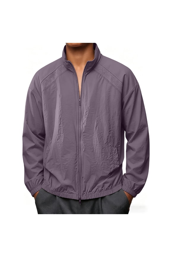 Men's Packable Sun Protection Fall Windbreaker Jacket Lightweight Loose Fit Full Zip Stand Collar Breathable Side Pockets for Running Travel