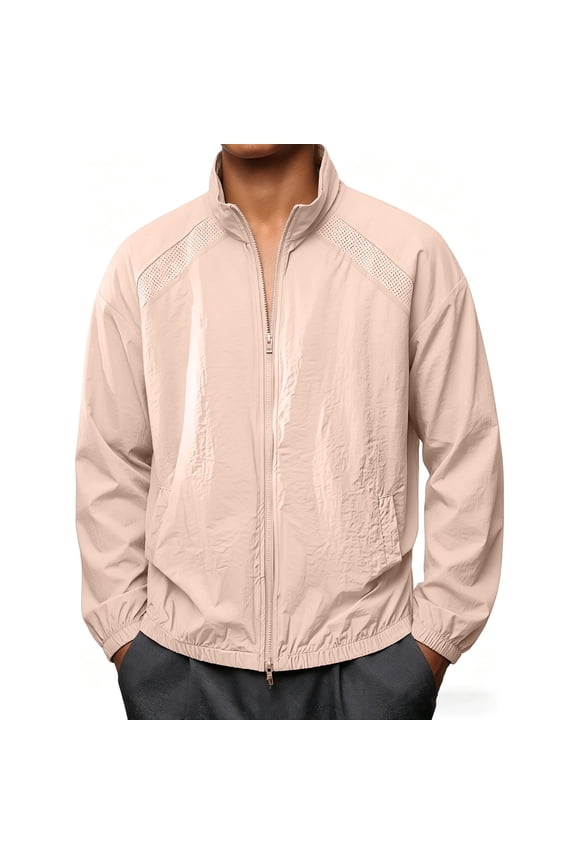 Men's Packable Sun Protection Fall Windbreaker Jacket Lightweight Loose Fit Full Zip Stand Collar Breathable Side Pockets for Running Travel