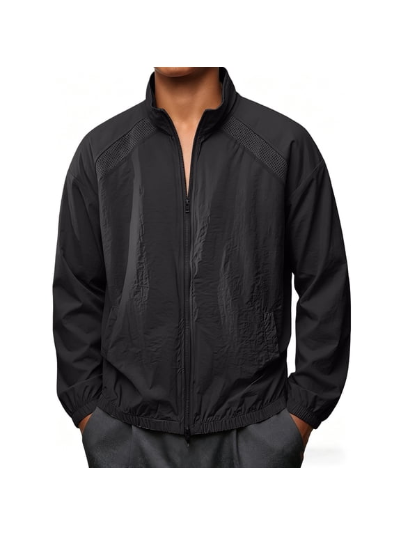 Men's Packable Sun Protection Fall Windbreaker Jacket Lightweight Loose Fit Full Zip Stand Collar Breathable Side Pockets for Running Travel