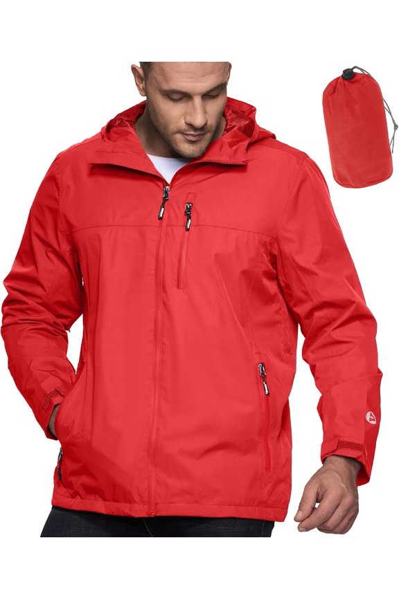 Men's Packable Waterproof Lightweight Rain Jacket with Hood Windproof Cycling Jacket Size Medium Color Bright Red