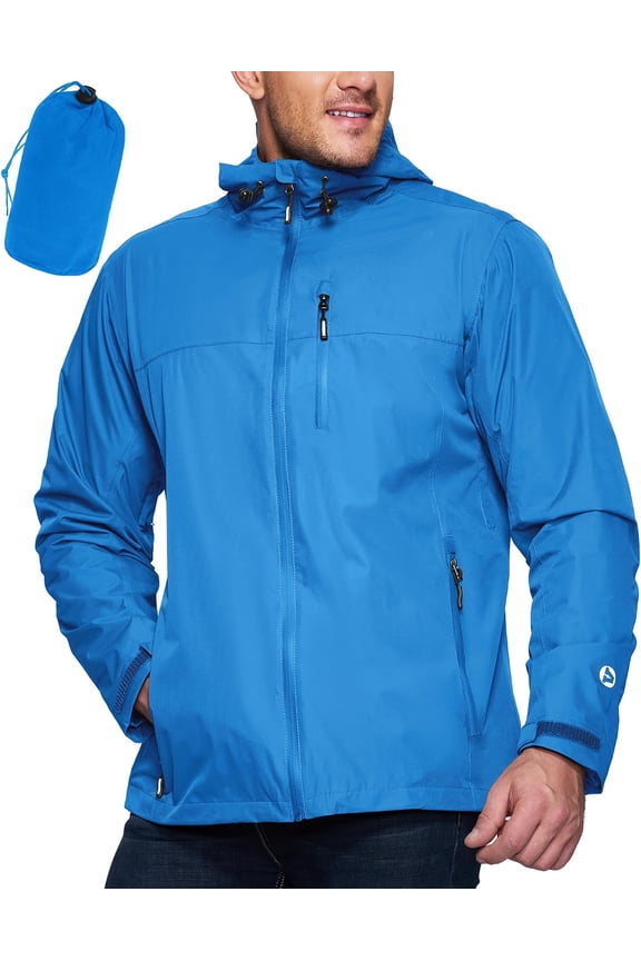 Men's Packable Waterproof Lightweight Rain Jacket with Hood Windproof Cycling Jacket Size Small Color Bright Blue