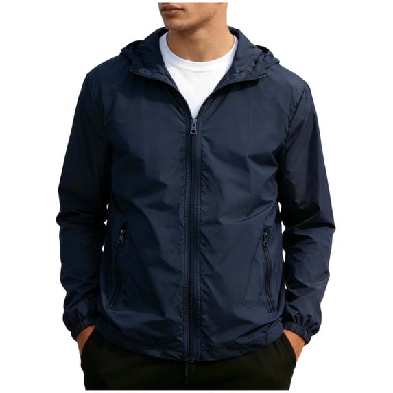 Men's Packable Windproof Lightweight Windbreaker Sun Protection Full Zip Hooded Shell Jacket with Zip Pockets for Outdoor Running Cycling