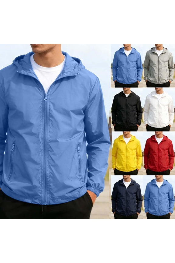 Men's Packable Windproof Lightweight Windbreaker Sun Protection Full Zip Hooded Shell Jacket with Zip Pockets for Outdoor Running Cycling