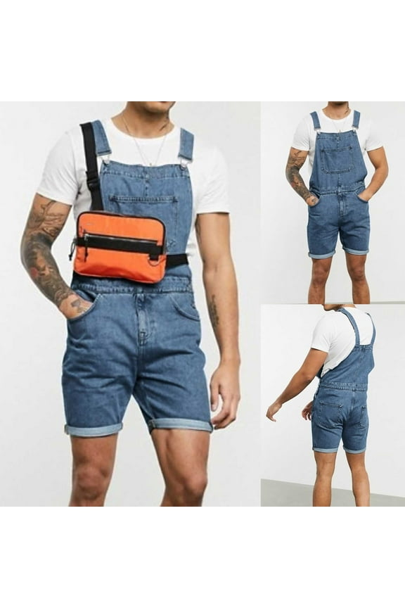 Men's Painters Overall Shorts Men Casual Fashion Solid Breast Pocket Shorts Straight Type Overalls