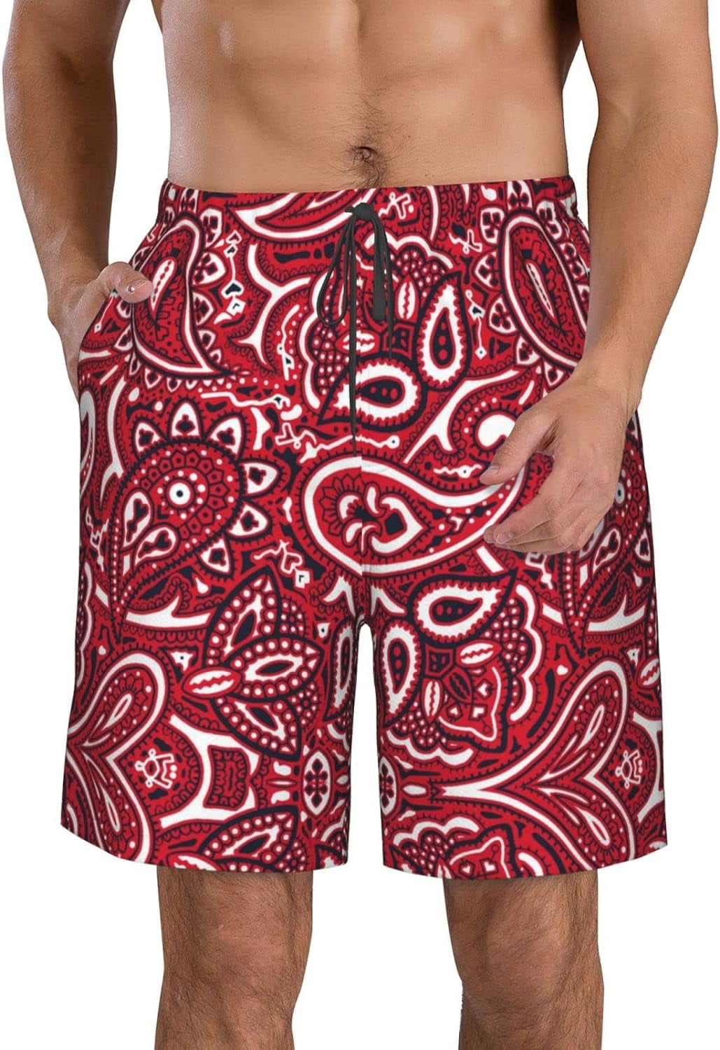 Mens Swimwear Red Bandana Swim Shorts Men's Paisley Bandana Red