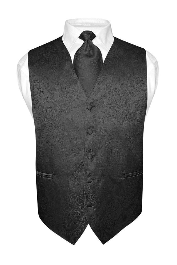Men's Paisley Design Dress Vest & NeckTie BLACK Color Neck Tie Set sz S