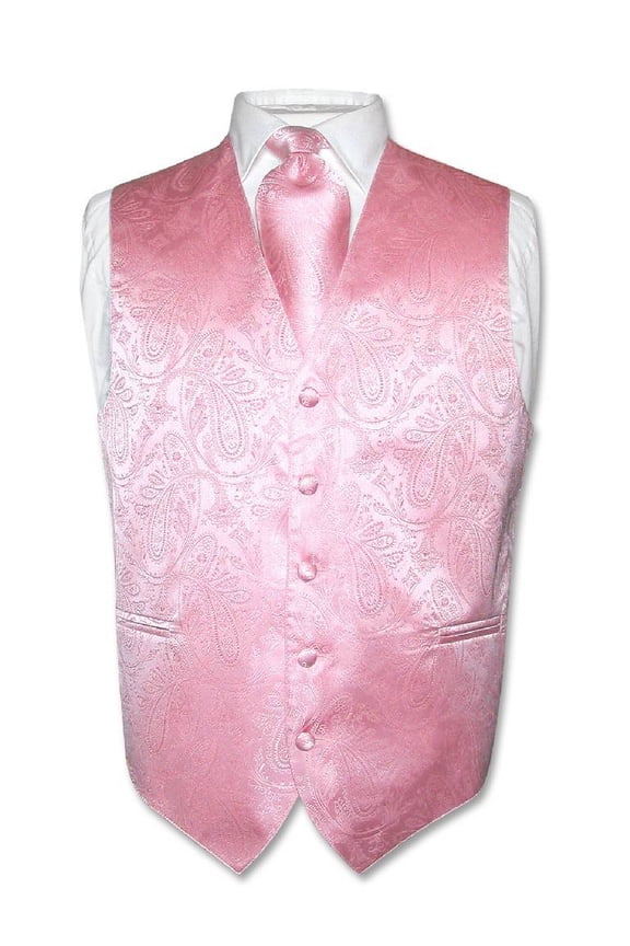 Men's Paisley Design Dress Vest & NeckTie PINK Color Neck Tie Set sz 3XL
