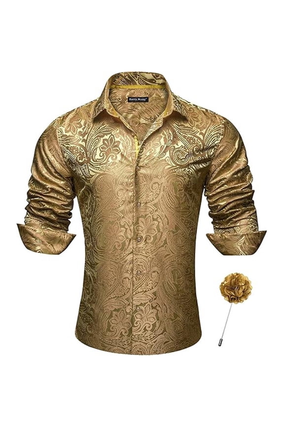 Men's Paisley Shirt Silk Jacquard Dress Button Down Shirts Color Gold Size M